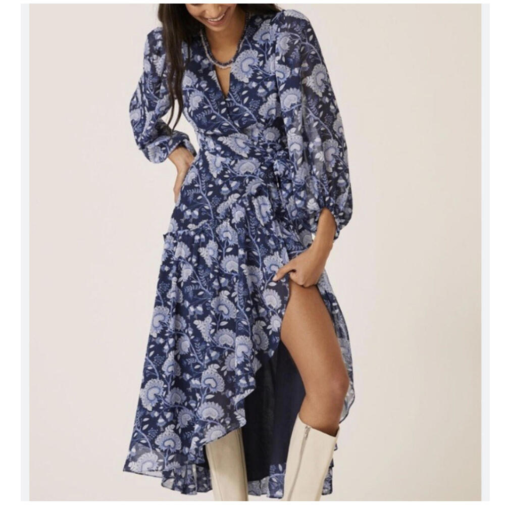 HUTCH ANTHROPOLOGIE blue geo long sleeve wrap dress sz M